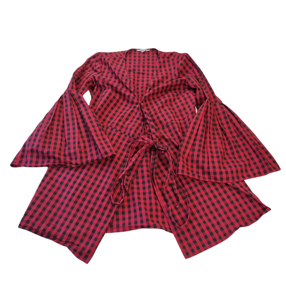 Jack by BB Dakota Bell Sleeve Blouse Red Black Plaid Women's Medium Cotton Used